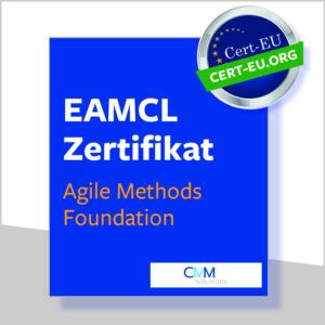 Blaue Box auf weißem Hintergrund mit dem EAMCL Zertifikat in Agile Methods Training Foundation (Stufe 1)