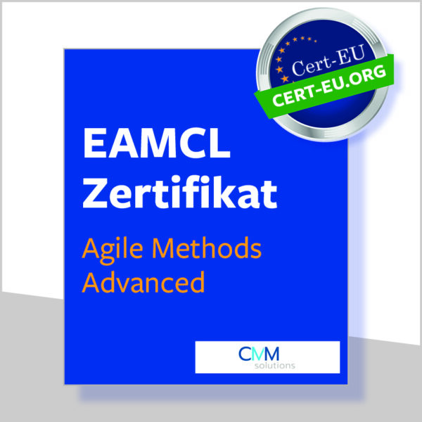 Blaue Box auf weißem Hintergrund mit dem EAMCL Zertifikat in Agile Methods Training Advanced (Stufe 2)