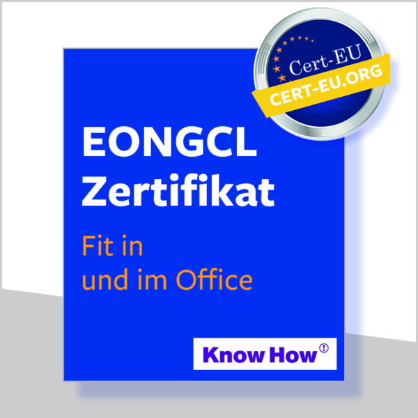 Blaue Box auf weißem Hintergrund mit dem EONGCL Zertifikat in Fit in und im Office