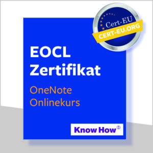 Blaue Box auf weißem Hintergrund mit dem EOCL Zertifikat in OneNote Onlinekurs