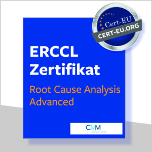 Blaue Box auf weißem Hintergrund mit dem ERCCL Zertifikat in Root Cause Analysis Training Advanced (Stufe 2)