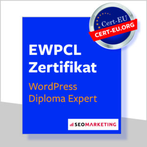 Blaue Box auf weißem Hintergrund mit dem EWPCL Zertifikat in WordPress (3) Einzeltraining Zertifikat Experten